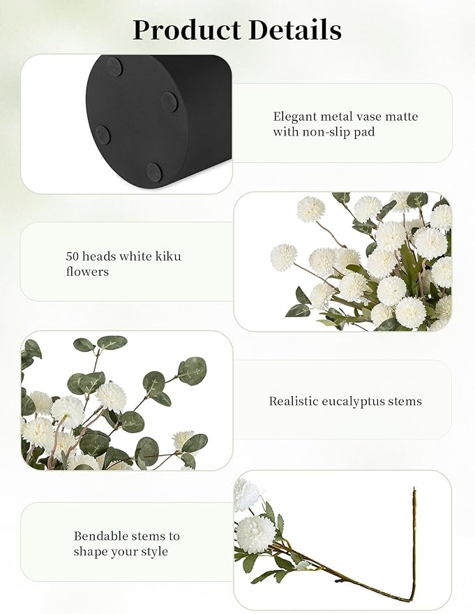 BLOSMON Fake Flowers in Vase for Centerpieces: Metal Vase with 12 Stems of Artificial Mums Kiku Flowers Eucalyptuses Home Table Decor - White Faux Pom Poms Floral Arrangements for Living Room