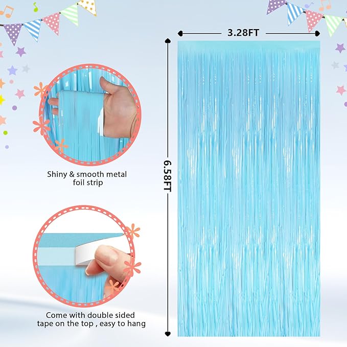 GCB 2Pack Macaron Blue Metallic Tinsel Foil Fringe Curtains, Pastel Blue Door Streamers Photo Booth Backdrop for Birthday Party, Tinsel Curtain Backdrop for Baby Shower Bachelorette Party Decorations
