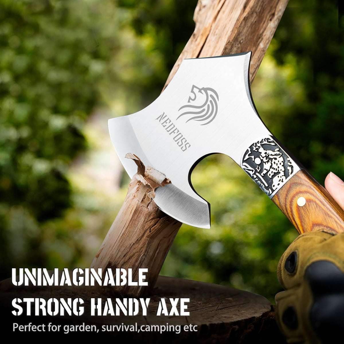 NedFoss Warthog Camping Axe, 9" Full Tang Small Axe with Leather Sheath, Survival Hatchet with Wood Handle, Tomahawk for Outdoor Backpacking, Bushcraft, Hiking