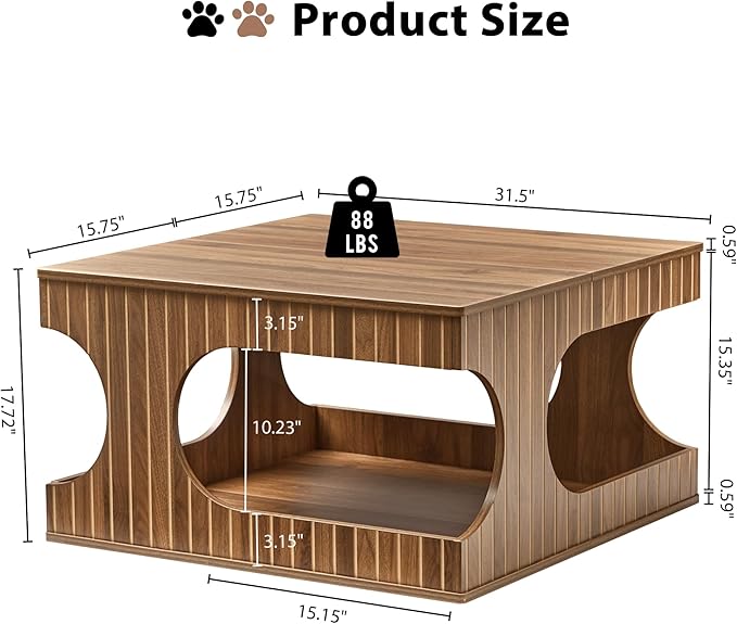 31.5" Square Coffee Table with Storage, Mid-Century Modern Center Table with Arched Cutouts and Carved Lines, 2-Tier Tea Table for Living Room, Cat-Friendly Base (Walnut)