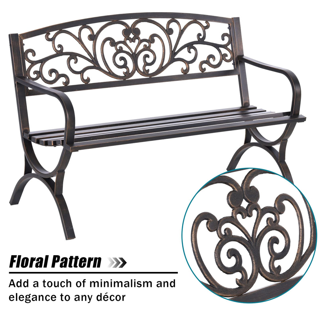MFSTUDIO 50 Inches Outdoor Garden Bench Cast Iron Metal Frame Floral Bronze