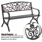 MFSTUDIO 50 Inches Outdoor Garden Bench Cast Iron Metal Frame Floral Bronze