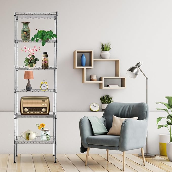 PayLessHere 6-Tier Adjustable Metal Storage Shelves - Max Load Capacity 600 lbs - Easy Assembly - 12" W x 17" D x 64" H NSF Certified - Versatile for Various Uses,Chrome