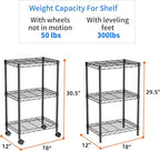 Small 3 Tier Shelves Storage Wire Shelving Unit Metal Shelf Adjustable Organizers Storage Shelving with Wheels for Bathroom Laundry Room Kitchen Pantry12”D x 18”W x 30.7”H Black