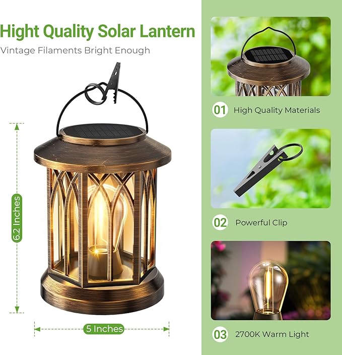 WdtPro Solar Lanterns Outdoor Lights, 2 Pack Bright Lanterns Outdoor Waterproof with Clip Patio Decor, Hanging Solar Lights for Outside Garden Yard Front Porch Table Decoration (Antique Copper)