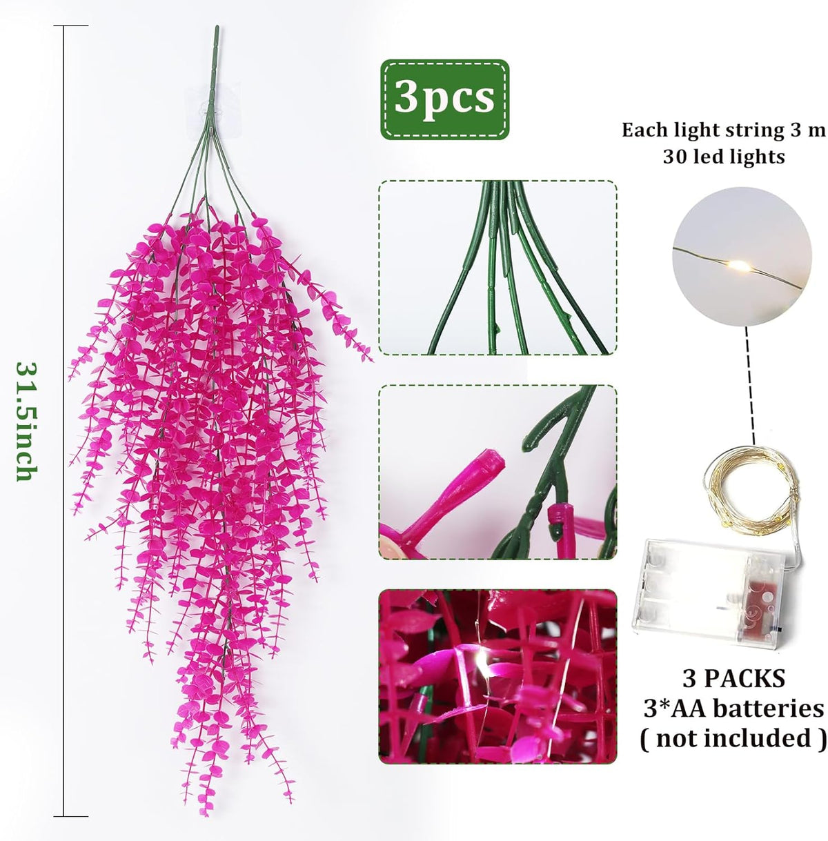 Hanging Geenery Faux Hanging Plants Outdoor Wall Decor Hanging Monkey Grass Artificial Hanging Plants Indoor Plastic Plants for Indoor Bedroom Wall Decoration Outdoor Porch Wedding Decor(Pure Fuchsia)