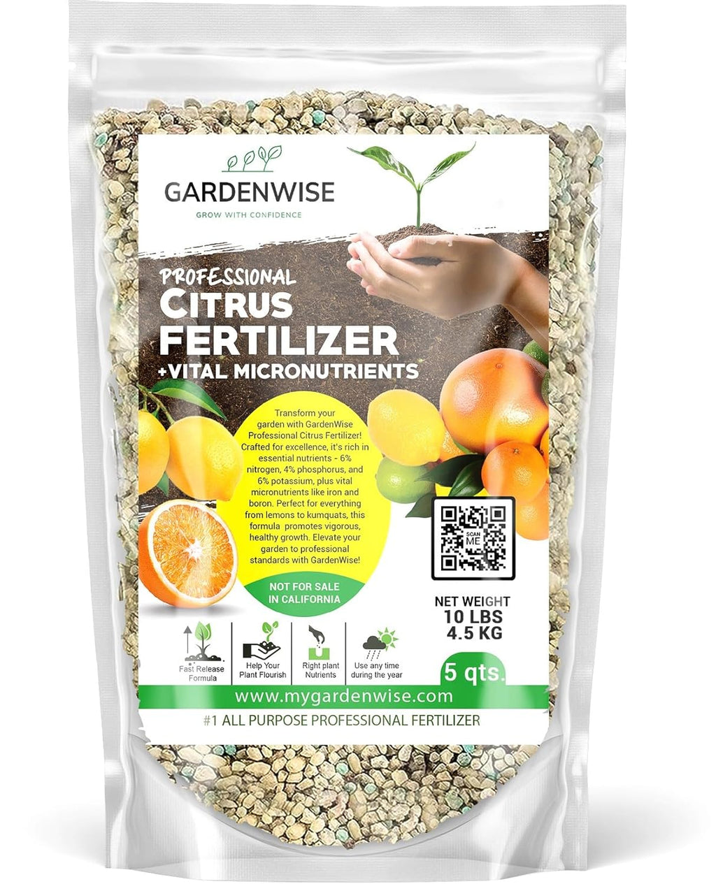Professional Citrus Fertilizer + Vital Micronutrients; Perfect Balanced NPK for All Citrus; for Indoor and Outdoor Plants; Orange, Lime, Avocado and Lemon Tree Fertilizer (5 QUARTS)