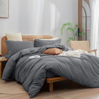 BESTOUCH Duvet Cover Set 100% Washed Cotton Linen Feel Super Soft Comfortable Chic Lightweight 3 PCs Home Bedding Set Solid Quiet Shade Grey King