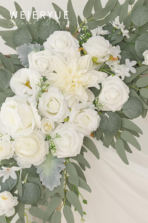 Artificial Wedding Arch Flowers Kit(Pack of 3),2Pcs Artificial Flower Arch Decor,1Pcs Sheer Drape for Wedding Ceremony Arbor for WeddingCeremony (White Rose Wedding)