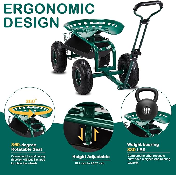 VINGLI Garden Cart with Rolling Seat, Wheels, Adjustable Steering Handle & Utility Tool Tray, Planting Wagon Scooter, Gardening Tool for Senior, for Patio, Backyard, Lawn & Outdoor (Green)