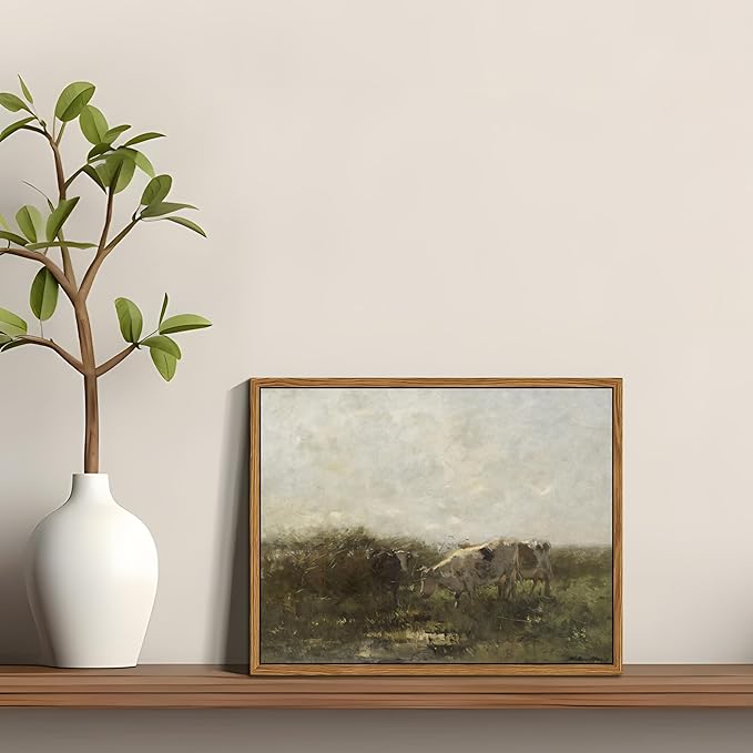Floating Framed Landscape Canvas Wall Art, French Vintage Natural Country Cows Pictures Wall Decor Artwork, Farmhouse Oil Paintings Prints for Living Room Bedroom Home Decoration 8x10 inch
