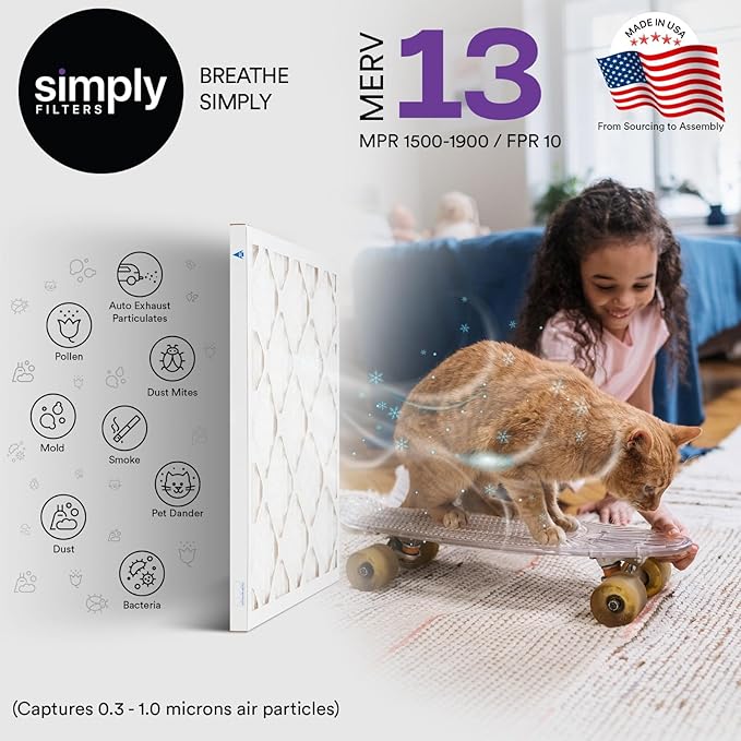 Simply 10x10x1 Air Filter, Merv 13, 4 Pack, For Home AC Furnace & HVAC (Actual Size: 9.75"x9.75"x0.75") DUST, Pet, & Allergy Control