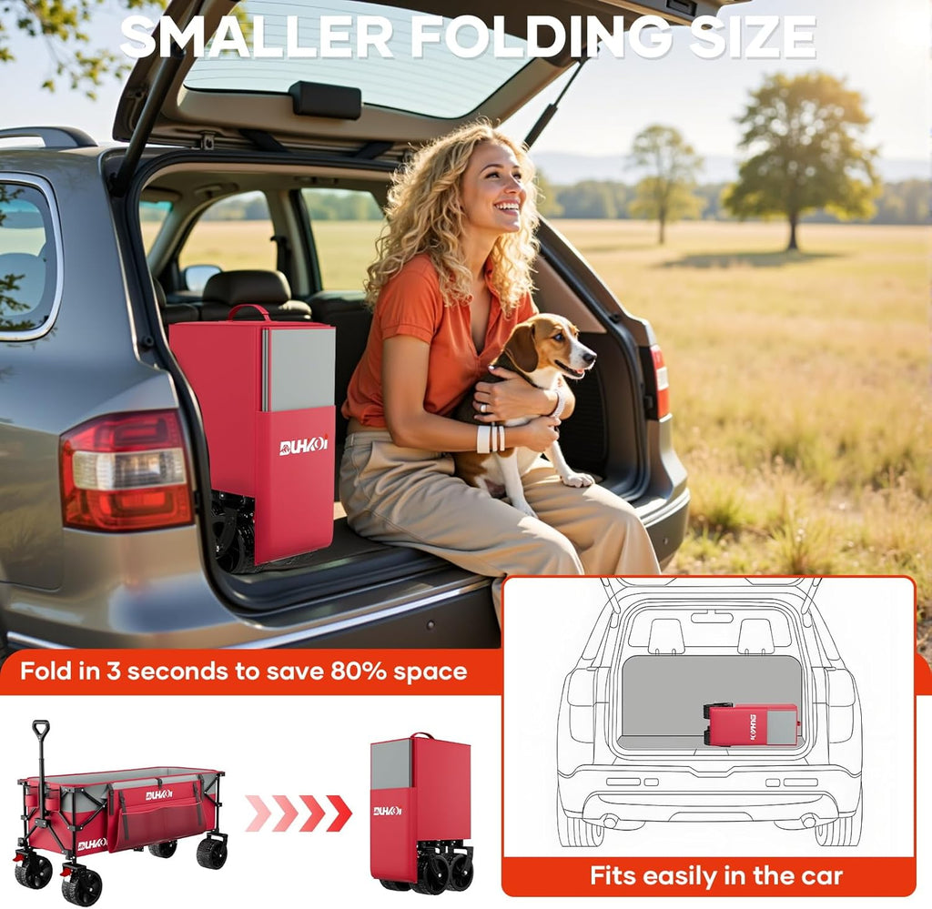 49" L Collapsible Foldable Extended Wagon with 500lbs Weight Capacity,300L Heavy Duty Beach Cart,Large Utility Wagon with Cup Holders,Cart for Sports,Outdoors,Grocery,Shopping (Rosepink)