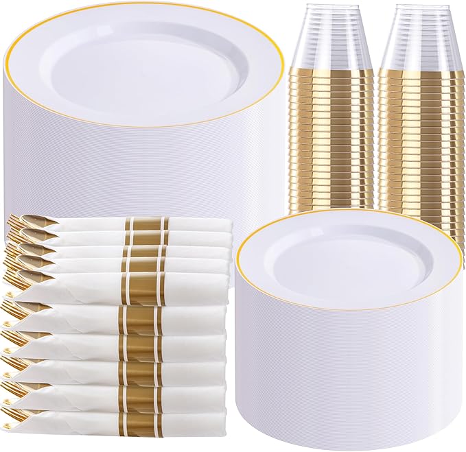 SUT 350 Pcs Gold and White Plastic Dinnerware Set for 50 Guests, Include: 50 Dinner Plates, 50 Dessert Plates, 50 Pre Rolled Napkins With Silverware, 50 Cups, Disposable Plates for Party, Wedding