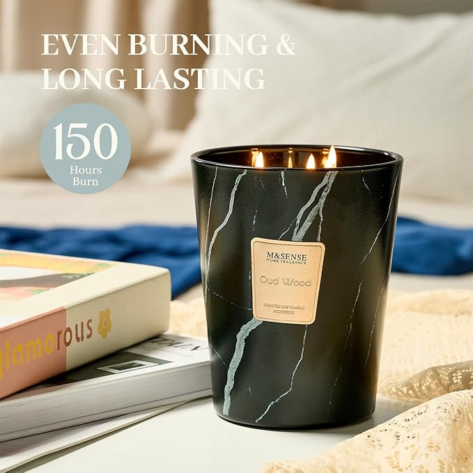 M&SENSE OudWood Scented Candles for Home, 3-Wick Highly Scented Jar Candles, Extra Large Candle 35 Oz 150 Hours Long Lasting Burning, Relaxing Aromatherapy Candle for Stress Relief, Meditation