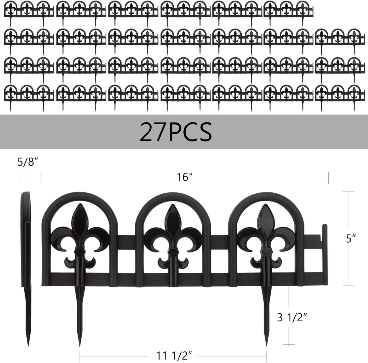 Evelyne Black Garden Border Plastic Edging: Wrought Iron Design - 27pcs Black Yard Landscaping Fence Liner Lawn Edge Barrier - 35ft Kit of Decorative Lawn Landscape Panels Elements