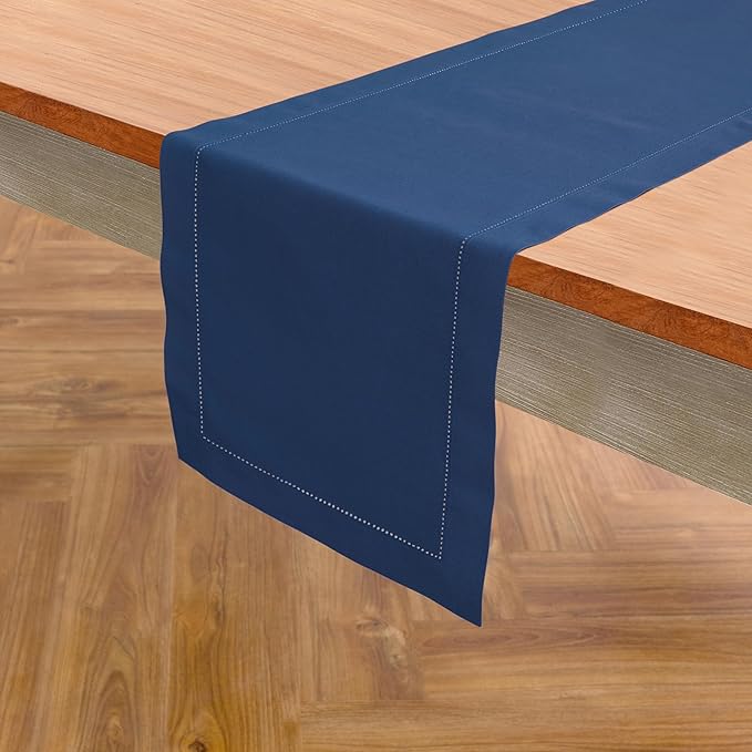 Solino Home Cotton Linen Table Runner 48 Inches - Lapis Blue Hemstitch Table Runner 14 x 48 Inch Ideal for Dresser and Coffee Tables - Fall, Autumn, Halloween