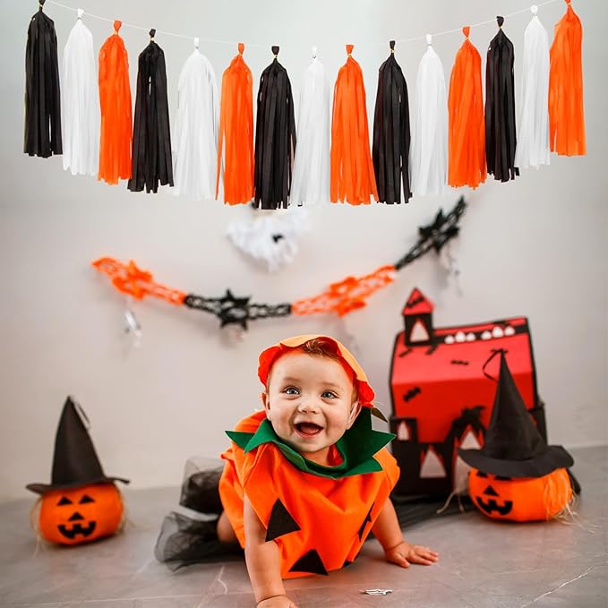 Black-White Orange Halloween Party-Decorations Tassel-Garland - 15pcs Graduation 2025 Supplies Tassels, Birthday Wedding Baby Bridal Shower Decor Panduola