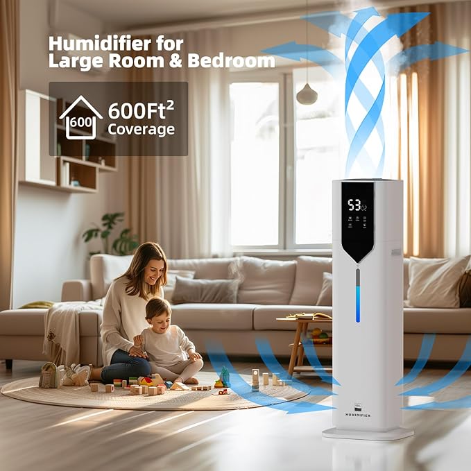 10L/2.6Gal Smart Humidifiers for Bedroom Large Room, Last 100 Hours humidifiers, Cover up to 600ft², Easy Top Fill,Auto Mode 3 Mist Modes, Quiet 30dB humidifier for Bedroom, Office, Baby, White