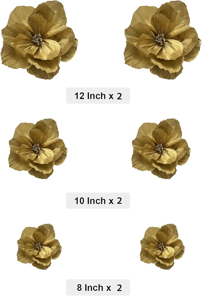 BRT Bearingshui Crepe Paper Flowers Decoration for Wall Total 6 Pcs, Artificial Flowers for Wedding Decor,Flower Backdrop Decor, Baby Bridal Shower Birthday Party, Gold 3D Wall Flowers Decor