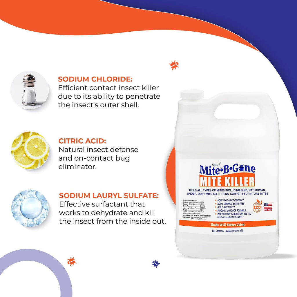 Mite Killer Treatment Spray for Home by Mite-B-Gone - Kills All Types of Mites, Dust, Spider, Rat, Carpet & Bird Mites | Safe for Homes, Furniture & Animals | Non-Toxic | Kid & Pet Friendly | 1 Gal