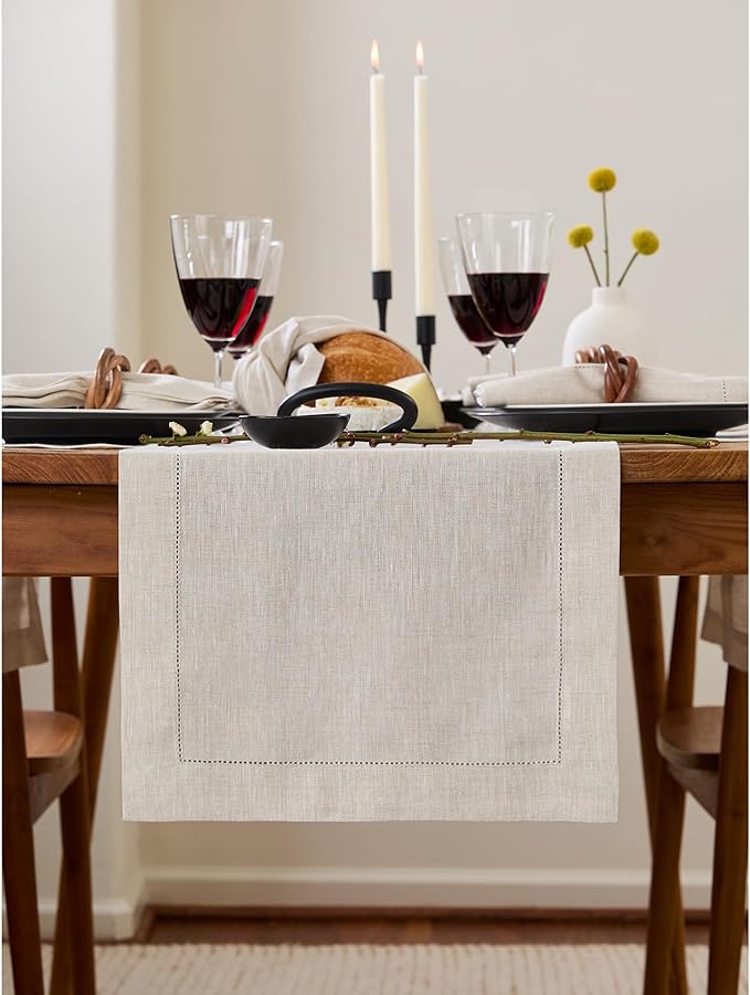Solino Home Linen Light Natural Table Runner 60 Inches - Classic Hemstitch, 100% Pure Linen Coffee Table Runner 14 x 60 Inch Ideal for Dresser Tables - Fall, Autumn, Halloween, Thanksgiving, Christmas