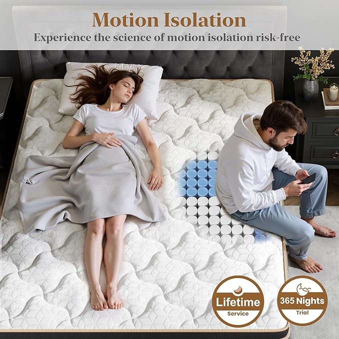Queen Mattress 14 Inch, Cooling Hybrid Bed in a Box, Individual Pocket Springs, Motion Isolation, Targeted Hip/Shoulder/Lumbar Support, Fiberglass-Free, Ergonomic Zones, 365-Night Trial, CertiPUR-US