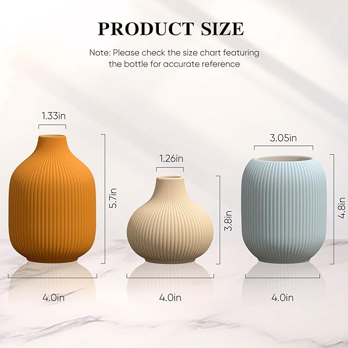 Colorful Ceramic Vases Set of 3, Modern Minimalist Ribbed Vases for Centerpiece, Home Office Shelf Decor, Farmhouse Kitchen Bathroom Bedroom Living Room Decor