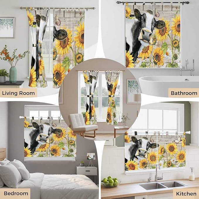 Yellow Sunflowers Living Room Curtains 84 Inch Length, Window Curtains Tab Top, Farmhouse Cow Barn Doors Floral Butterfly Light Filtering Window Treatments Drapes 52"x84" 2 Panel