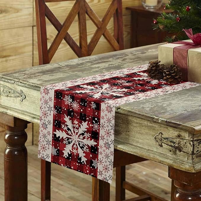 Buffalo Plaid Christmas Cotton Linen Table Runner for Dining Kitchen, Snowflake Red Black Check Wedding Outdoor Party Tablerunner Decoration, Retro Dresser Scarf Coffee Tablecloth Runners 13x72 Inches