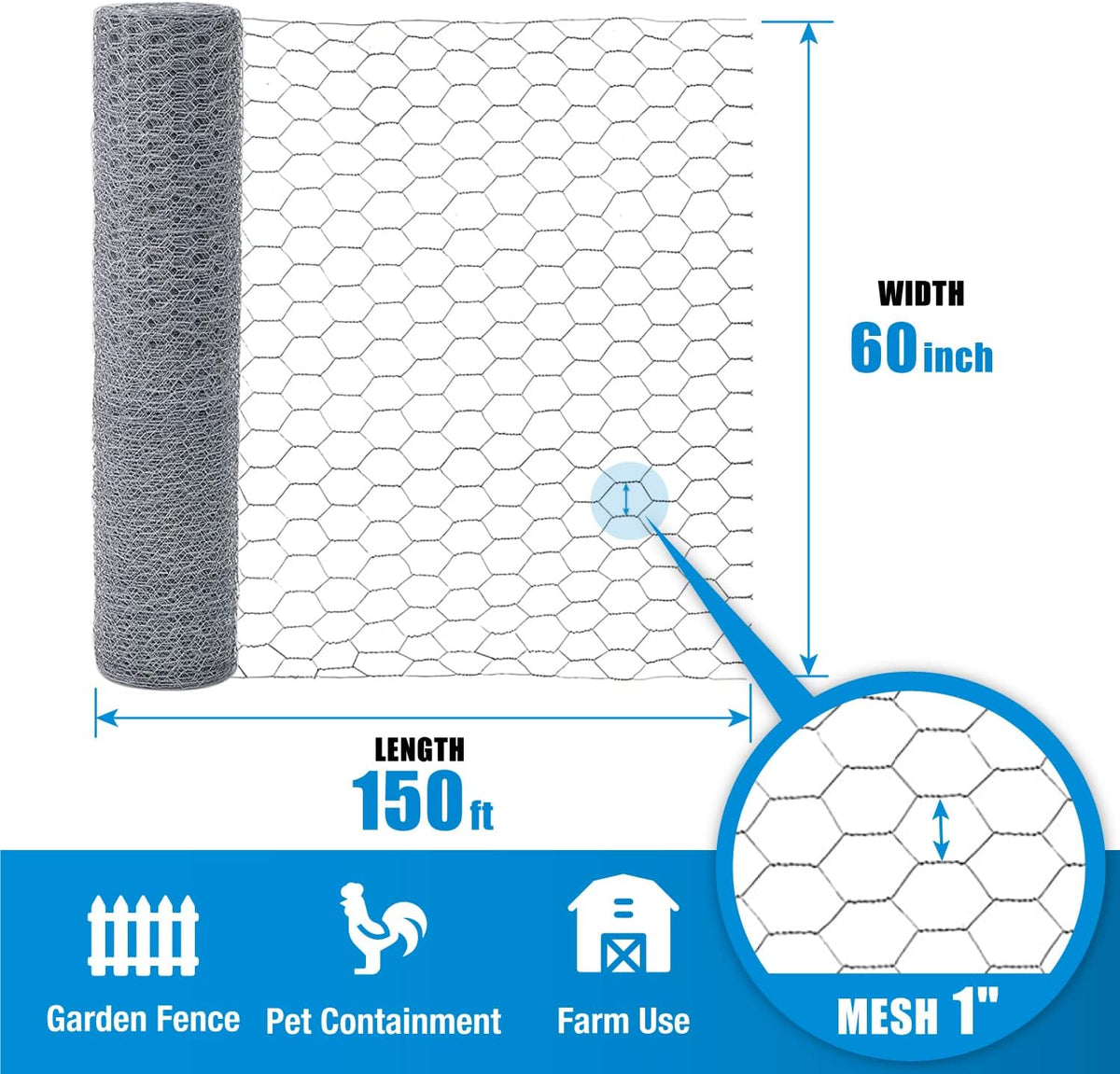 Fencer Wire 20 Gauge Chicken Wire Fence, Galvanized Poultry Hexagonal Netting Crafting, Chicken Coops & Rabbit Rodent Cage, 1-Inch Hex Grid (5 ft. x 150 ft.)