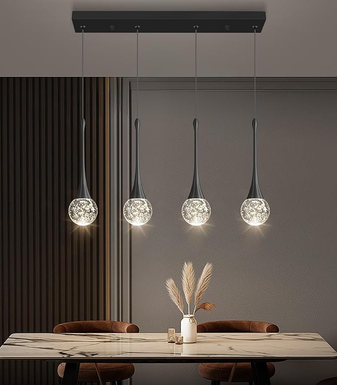 4-Lights Modern Pendant Lights for Kitchen Island LED Dimmable Crystal Glam Ceiling Pendant Lighting Chandelier for Dining Room Hallway Bedroom Black