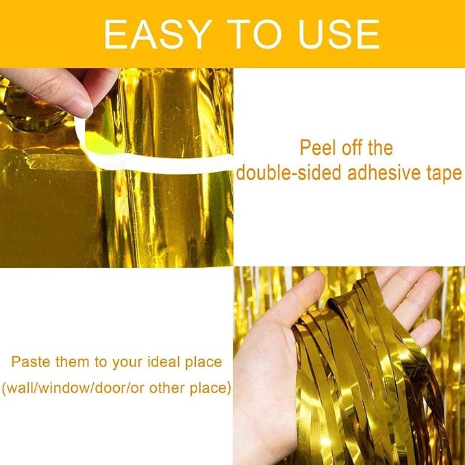4 Pack Gold Foil Fringe Curtain Backdrop, 3.28Ft x 8.2Ft Metallic Tinsel Foil Fringe Streamer Curtains for Photo Booth Props, Birthday, Wedding, New Year’s, Christmas Decoration Party Supplies New