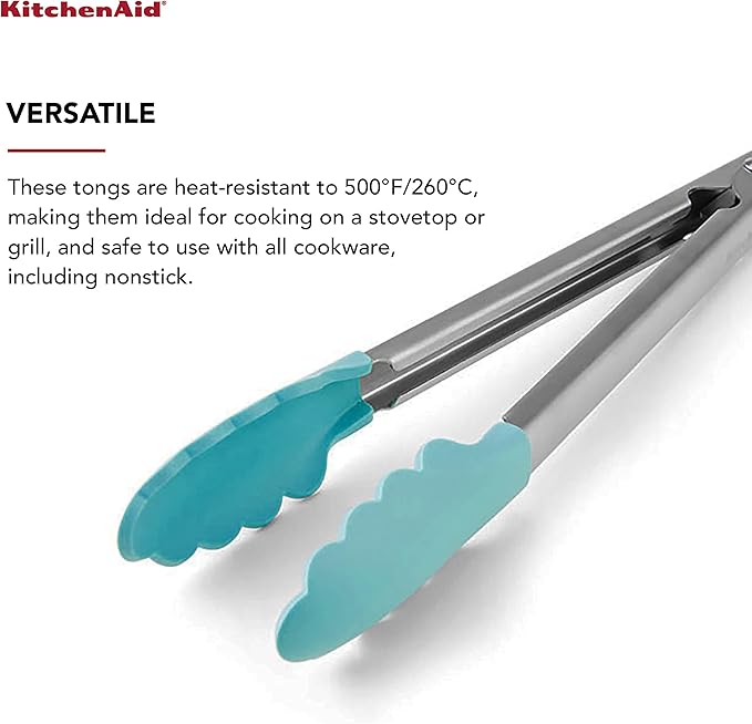 KitchenAid Silicone Tipped Stainless Steel Tongs, 12 Inch, Aqua Sky