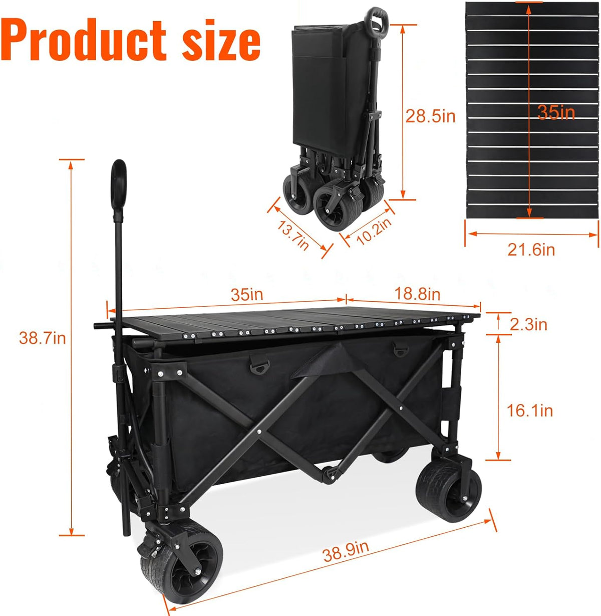 Collapsible Foldable Wagon Cart with Big Wheels and Tabletop, Large Capacity 440Lbs Folding Utility Wagon Carts for Sand, Beach, Camping, Shopping, Sport (Black)