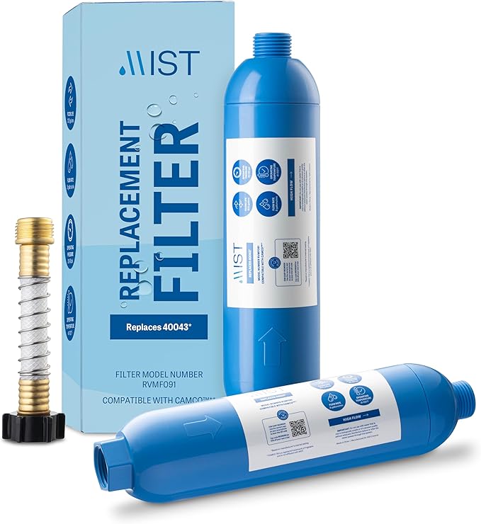 Mist 40043 Replacement for Camco RV Inline Water Filter 40043, 40013, 40041, with Flexible Hose Protector. Reduces Bad Taste, Odors, Chlorine, Lead and Sediment, 2 Pack