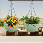 Meowell 10 inch Hanging Planters Plant Pots for Indoor Outdoor Plants, 2 Pack Hanging Flower Pots with Drainage Holes and Chain for Garden Porch, Plastic Hanging Baskets for House Plants, Green