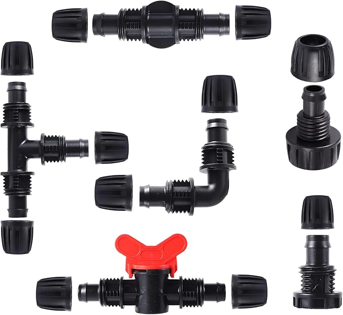 16 Pcs 1/2 inch Tubing Irrigation Fittings Kit, For (1/2" ID x0.6-0.63" OD) 16mm Drip Tubing Barbed Locked Nuts Connectors 2 Ends,2 Elbows,2 Switch Valves,2 US Standard Adapters,4 Tees 4 Couplings