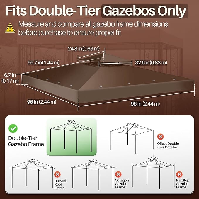 Flexzion Gazebo Cover Replacement Canopy Top 8x8 Ft (2.4m x 2.4m) - Double Tier Top Canopy Cover Replacement with UV30+, Dirt, Water Resistant for Outdoor, Sunshade, Garden, Patio, Pavilion (Brown)