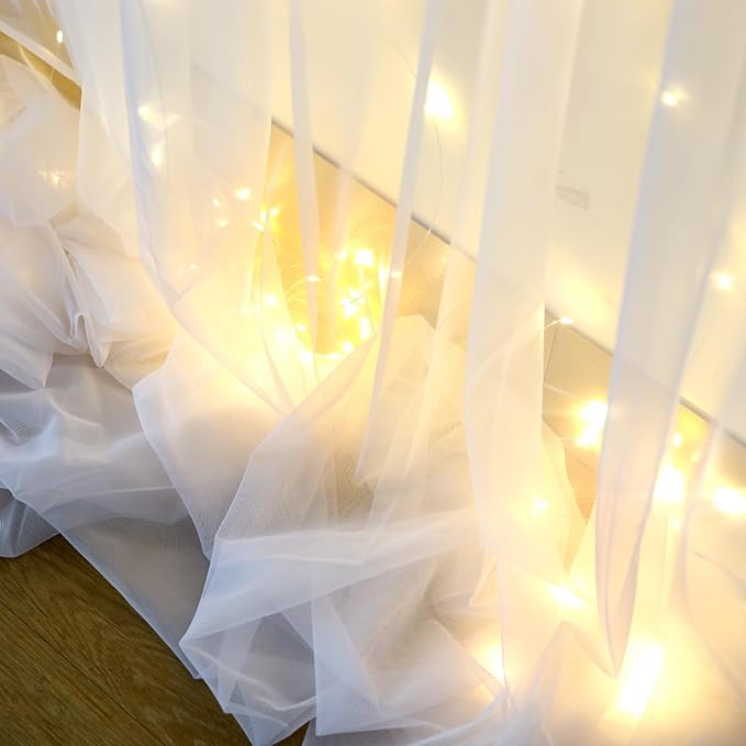 White Tulle Backdrop Curtain with Lights String for Parites 10×8ft Sheer Backdrop Curtains White Curtain Backdrop for Wedding Baby Shower Birthday Party Photo Shoot Decorations(2 Panels 10ft×8ft)