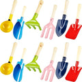 12 Pcs Beach Toys for Kids Metal Beach Sand Toys with Sturdy Wooden Handle Safe Beach Garden Tools Including Spoon, Fork, Rake, Flat and Pointed Shovel Digging Buckets Gifts for Kids