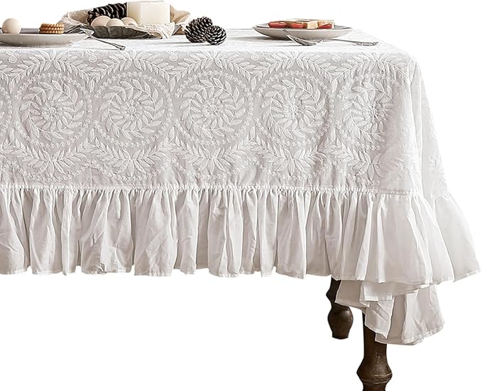 patdrea Vintage Ruffle Tablecloth for Rectangle Tables,Farmhouse Embroidered Cotton White Lace Table Cloth Cover Decor for Dining Room Wedding Banquet Thanksgiving Christmas,59"*91"