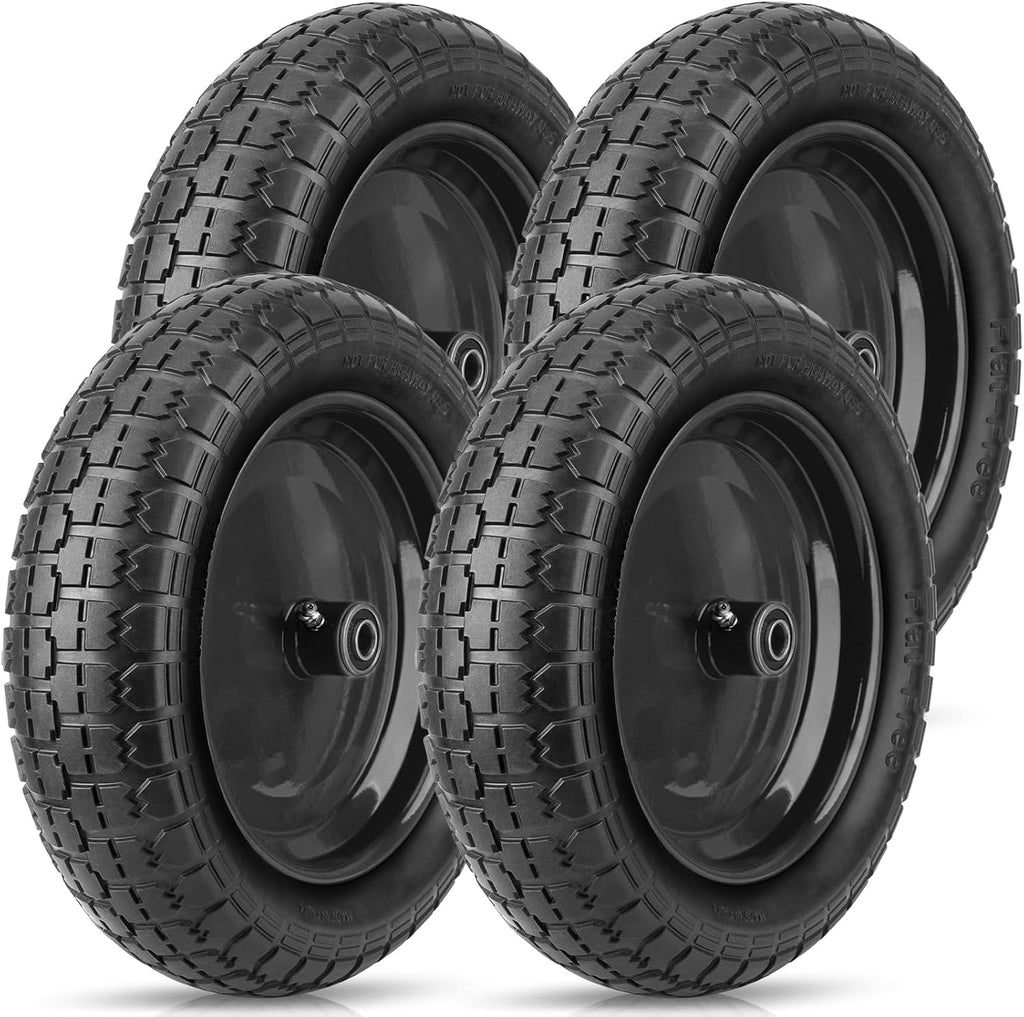 TICONN 4.80/4.00-8 Tire, 16" Flat Free Wheelbarrow Tire and Wheel, Solid Replacement Tires, 5/8" 3/4" Bearings, Universal Fit 4.80/4.00-8, 3.50/3.00-8, 4.00-6 (16" Black, 4PK)