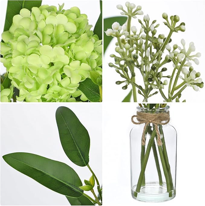 Hollyone Green Hydrangea Artificial Flowers in Clear Glass Vase with Faux Water Silk Hydrangeas Fake Flowers Floral Arrangement for Home Bathroom Kitchen Office Table Centerpiece Shelf Decorations