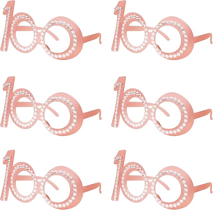 100th Birthday Glasses - 6 Pairs Rose Gold 100 Years Old Glasses with Rhinestones Frame, Funny Plastic Costume Photo Booth Props for 100th Anniversary Party Decorations