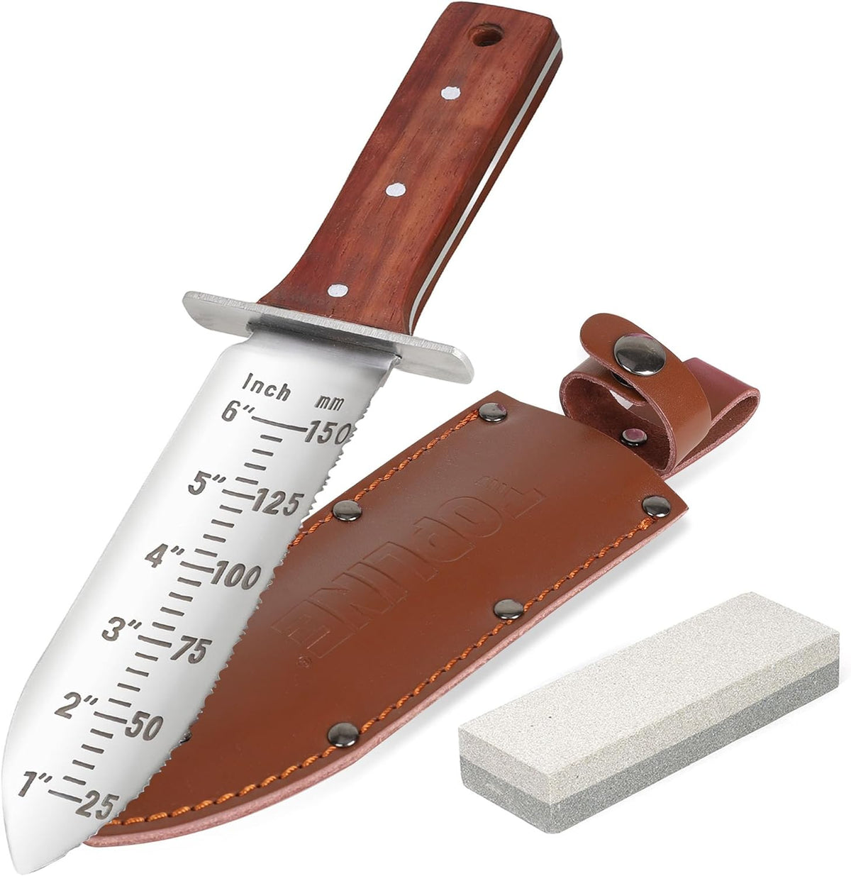 Topline Full Tang Hori Hori Garden Knife, Hori Hori Knife with Sharpening Stone, Double-edge Stainless Steel Blade, Heavy Duty Leather Sheath Included, Garden Tools for Digging, Weeding, Planting