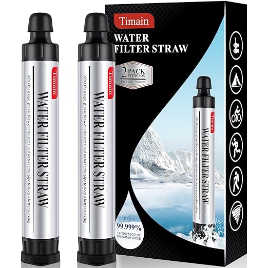 2 Pack Timain 4-Stage Filtration,High Flow Rate Water Filter Straw,Water Purifier Survival for Emergency Kits,Travel,Camping, Hiking,Fishing,Hunting (2)