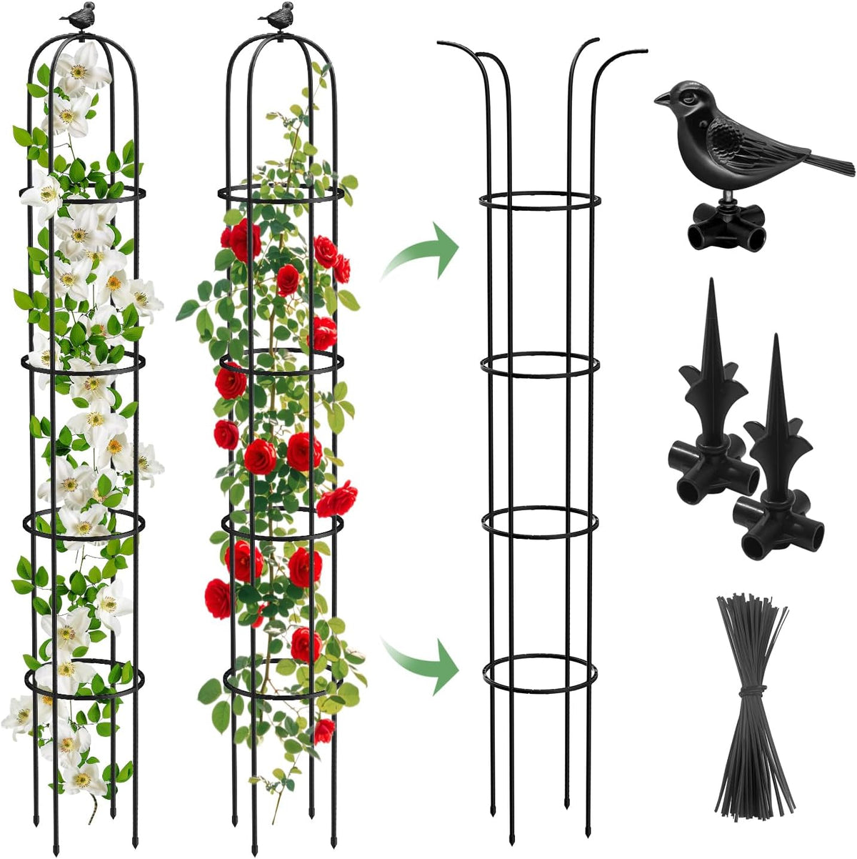 2 Pcs Garden Trellis for Climbing Plants, 6.2 Ft Rustproof Metal Pipe with Heavy Duty Plastic Coated, Garden Outdoor Indoor Potted Plant Support, Obelisk Garden Trellis for Climbing Vine