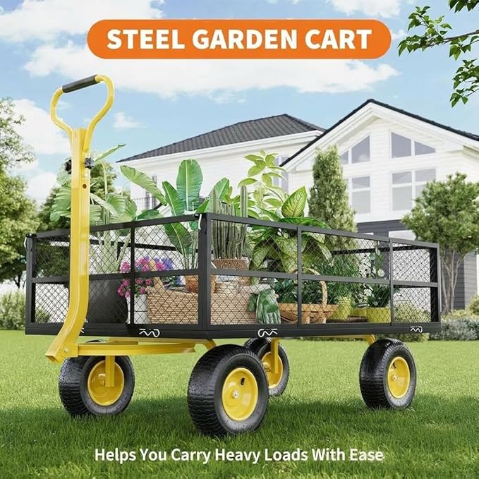  Heavy Duty Steel Garden Cart, 1200 LBS Load Capacity Garden Wagon with 10 inch Tire and 180° Rotating Handle Attach to ATV or Tractor Blac