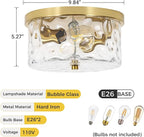 LamQee 9.8" Small Flush Mount Ceiling Light with Clear Hammered Glass, Brushed Gold Hallway Light Fixtures Ceiling Mount for Bathroom, 2-Lights Farmhouse Close to Ceiling Light Kitchen Foyer Bedroom